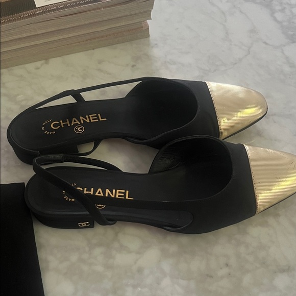 CHANEL Shoes - CHANEL Black and Gold Slingback Flats